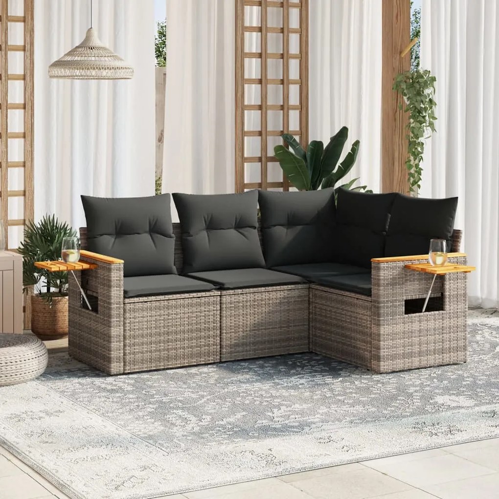 Set Divani da Giardino 4 pz con Cuscini in Polyrattan Grigio