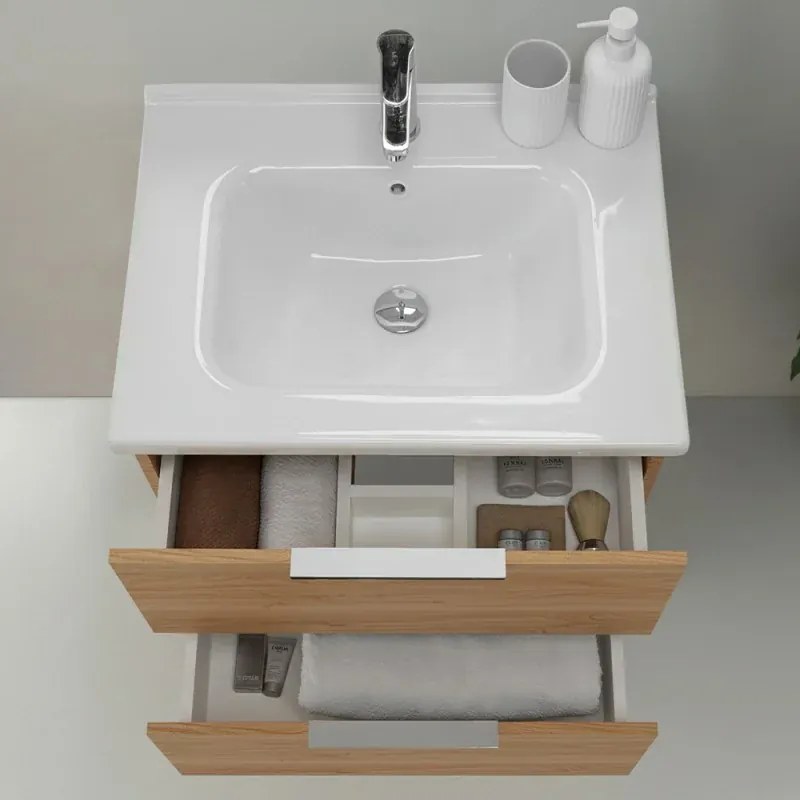 Mobile bagno sospeso 60cm rovere con cassetti lavabo e specchio Elva
