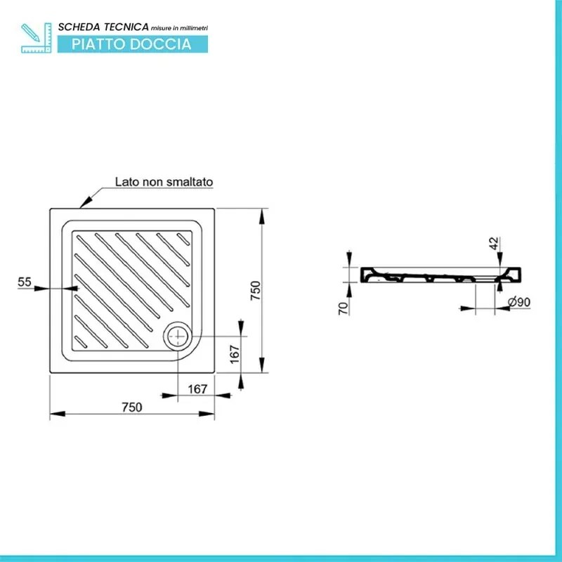 Piatto doccia 75x75 quadrato in ceramica bianco Dolomite Gemma
