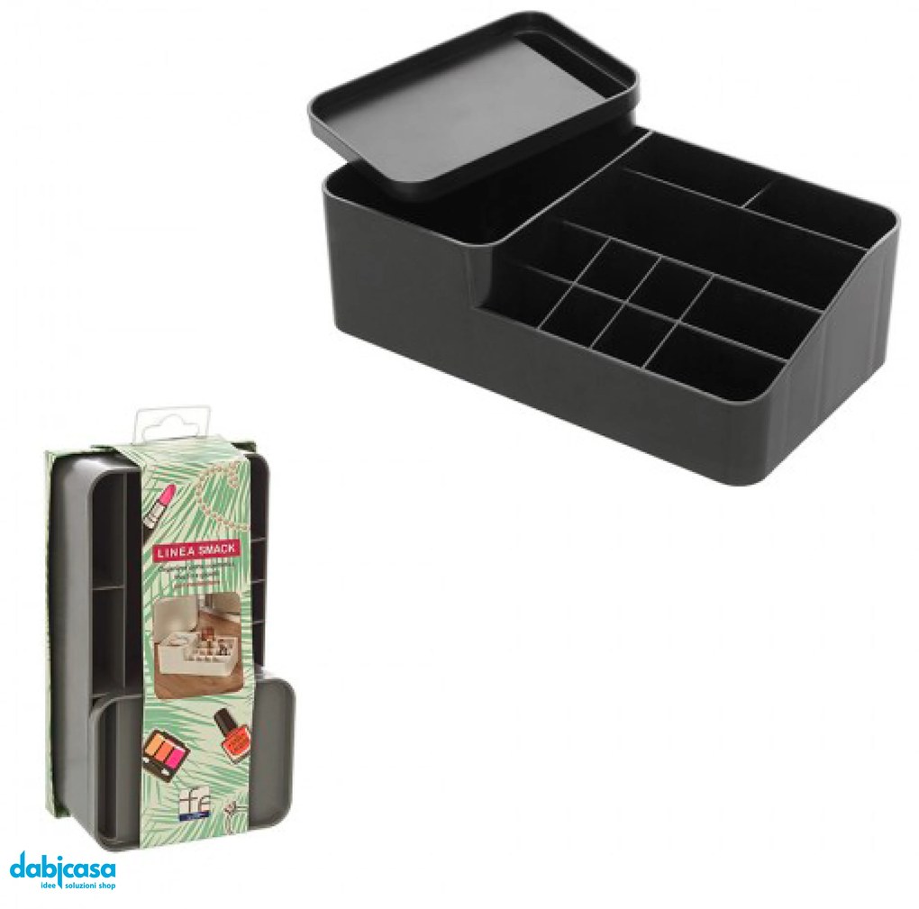 Organizer Porta Cosmetici "Smack"In Plastica Con 11 Scomparti e Box Con Coperchio Nero