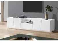 Mobile da soggiorno Porta TV, Made in Italy, Credenza per TV da salotto a 4 ante e 1 cassetto, cm 220x43h46, Bianco lucido, con luce LED bianca