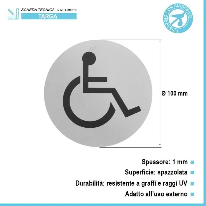 Targhetta wc disabili in alluminio spazzolato fissaggio con biadesivo