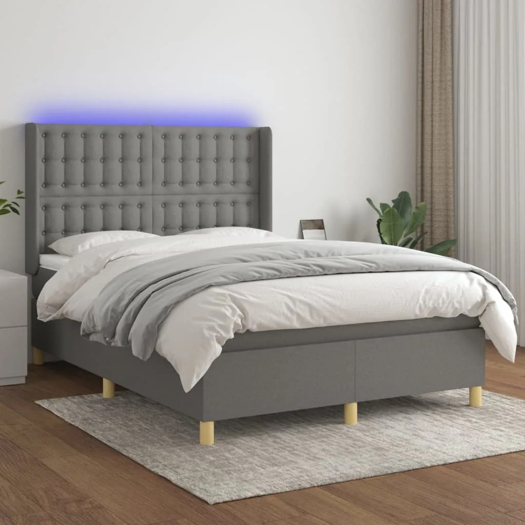 Letto a molle materasso e led grigio scuro 140x200cm in tessuto