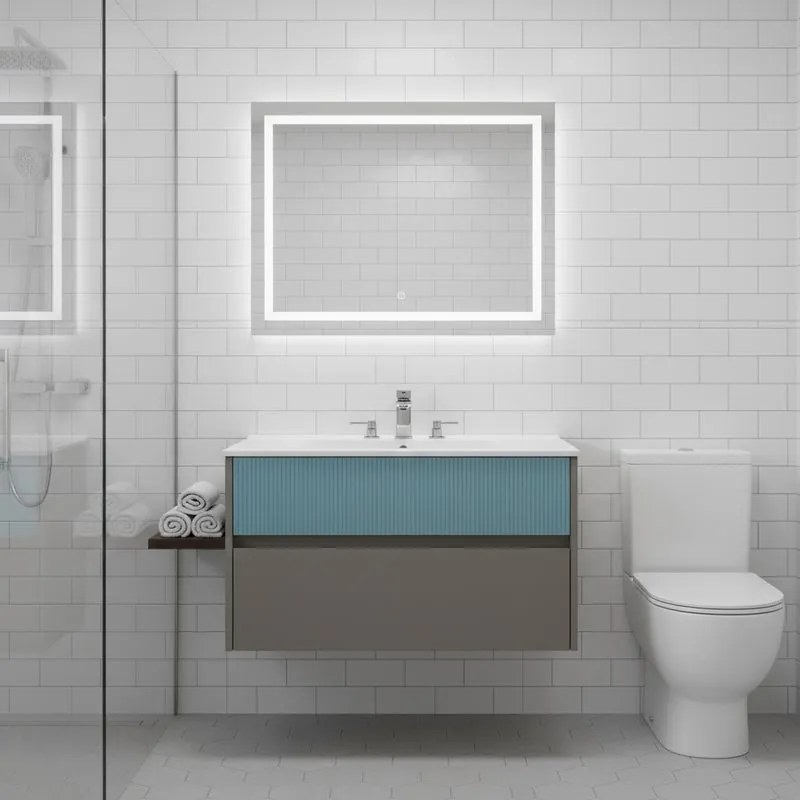 Mobile da bagno sospeso sotto lavabo Niwa 2 cassetti L 89.5 x H 50 x P 45.5 cm grigio e blu pacifico cannettato