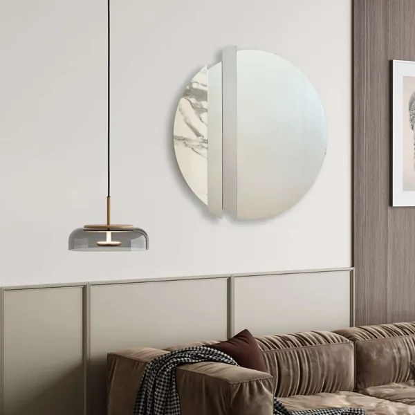 Specchio moderno 80 cm con decori foglia argento e effetto marmo bianco - KEVIN