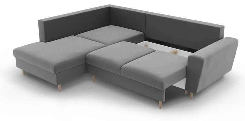 Divano angolare grigio chiaro allungabile e con contenitore (con penisola a sinistra/a L) con rivestimento in velluto Kyoto – Cosmopolitan Design