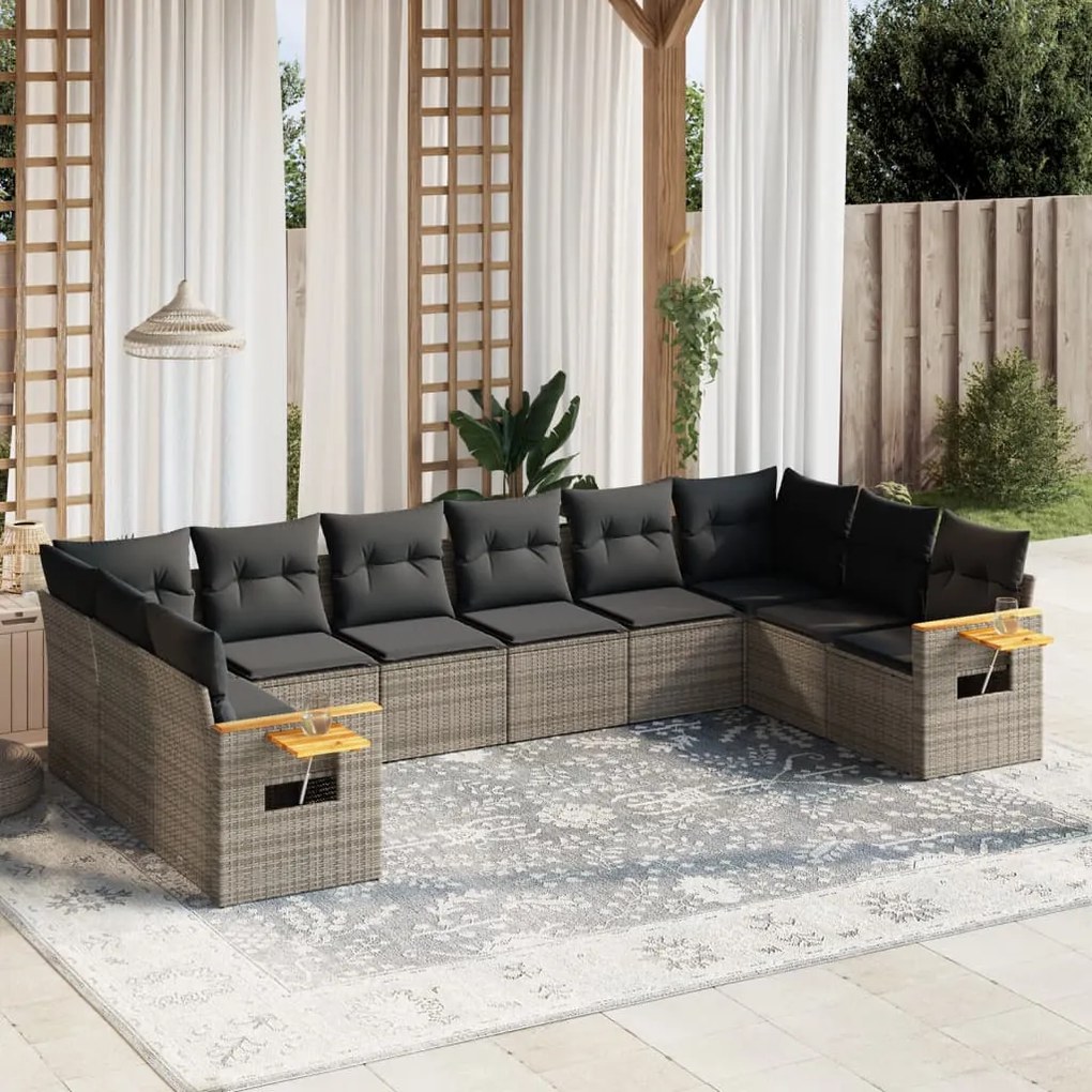 Set divano da giardino 10 pz con cuscini grigio in polyrattan