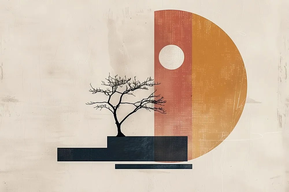 Quadro su tela – Japandi albero con elementi astratti