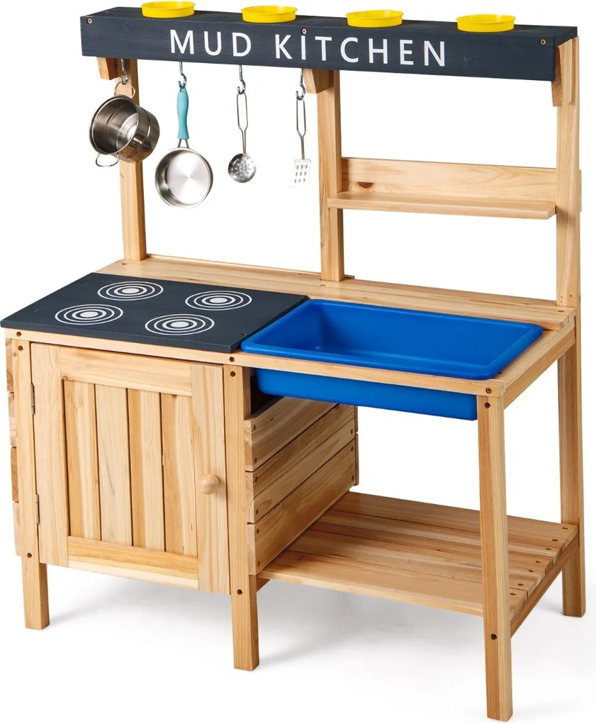 Costway Cucina da esterno per bambini da 3 a 8 anni 2 ripiani di stoccaggio, Cucina giocattolo in legno con lavello removibile Naturale