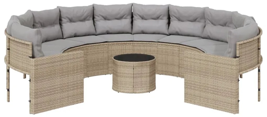 Divano giardino con tavolo e cuscini circolare beige polyrattan