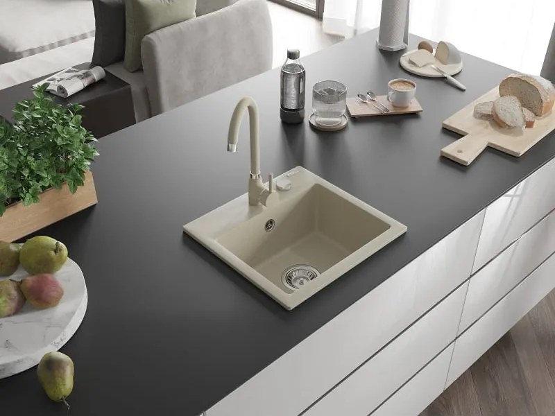Mexen Milo lavello in granito a 1 vasca con rubinetto da cucina Telma, beige - 6505-69-670200-69
