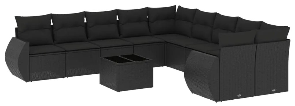 Set divani da giardino 11 pz con cuscini in polyrattan nero