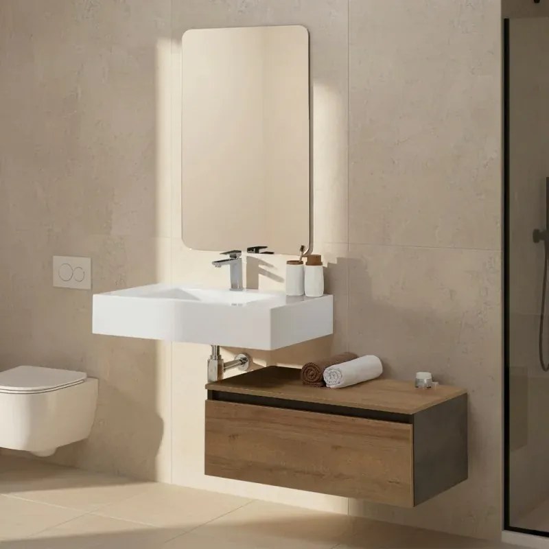 Mobile bagno sospeso 80 cm rovere africa con lavabo sospeso e specchio - Numa