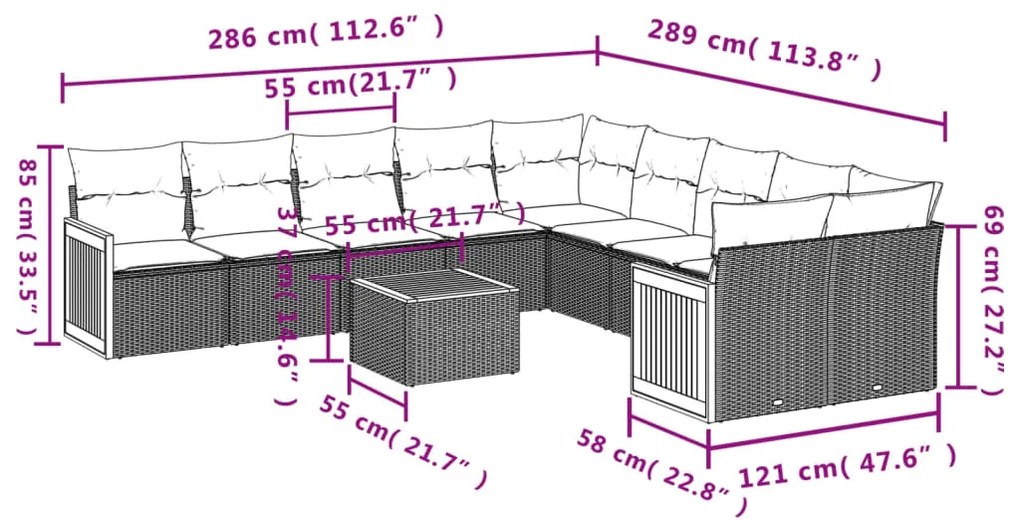 Set divani da giardino 11 pz con cuscini in polyrattan nero