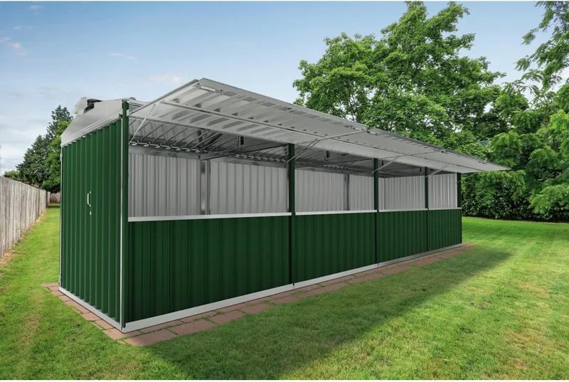 Chiosco in acciaio verde 2.7 x 10 m, superficie esterna 28.38 m² e spessore parete 60 mm, senza pavimento porta a due ante, SAPIL Cuba