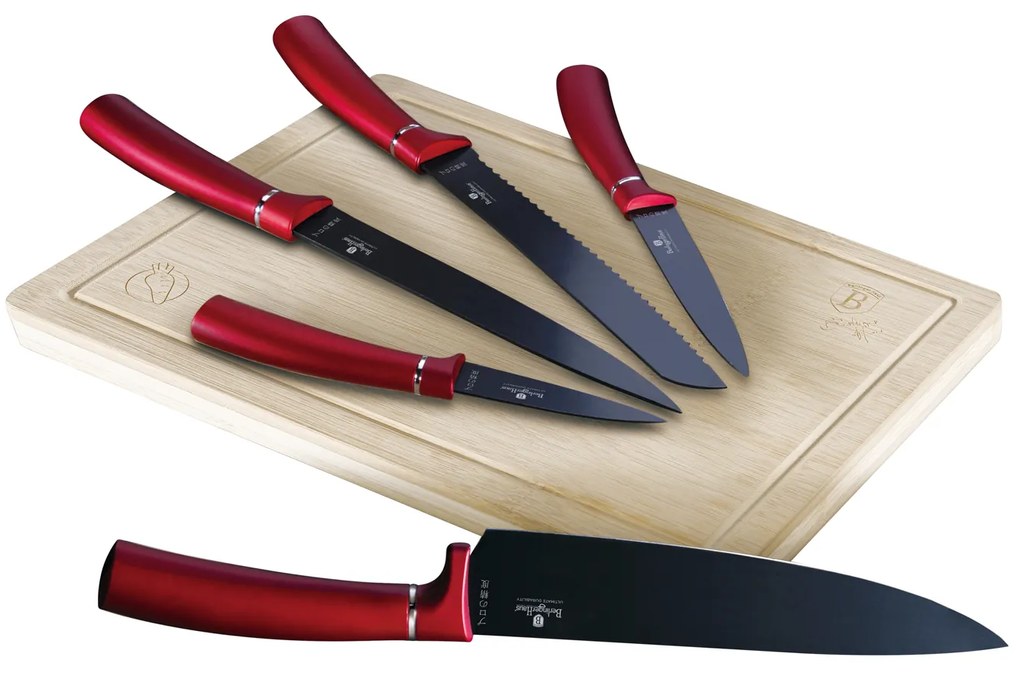 Set 5 coltelli manico rosso e tagliere Berlinger Haus