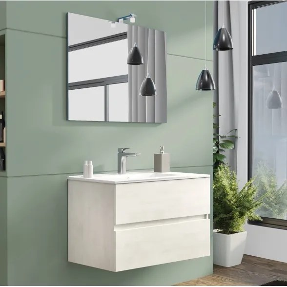 Mobile da bagno sospeso 80 cm con lavabo, specchio e led rovere bianco