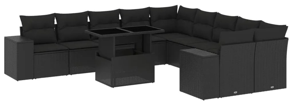 Set divani da giardino 11 pz con cuscini in polyrattan nero