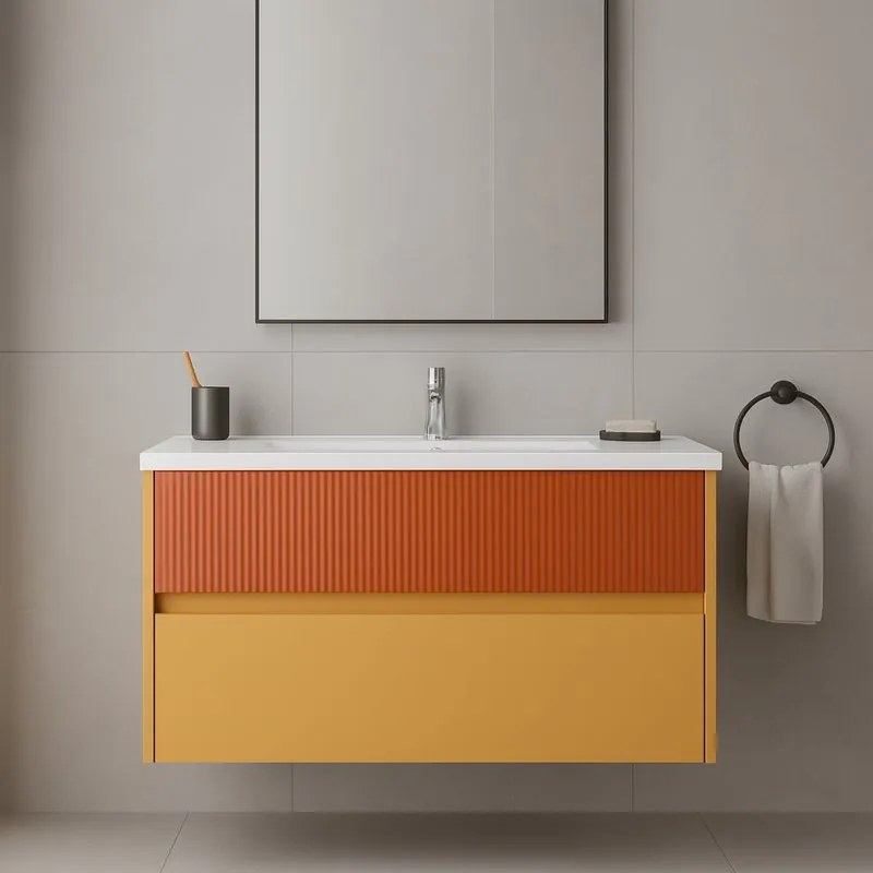 Mobile da bagno sospeso sotto lavabo Niwa 2 cassetti L 89.5 x H 50 x P 45.5 cm senape e paprika cannettato