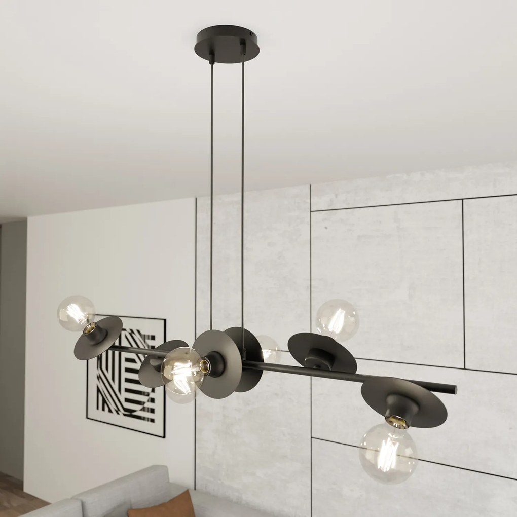 Lampadario 6 Luci Eos In Acciaio Nero Con Barra E Diffusori A Piatti