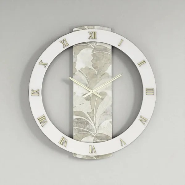 Orologio LARRY rotondo D60 cm in legno rivestito con parato e dettagli Oro