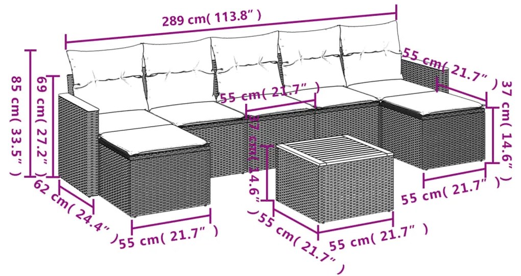 Set divani da giardino con cuscini 8 pz nero in polyrattan