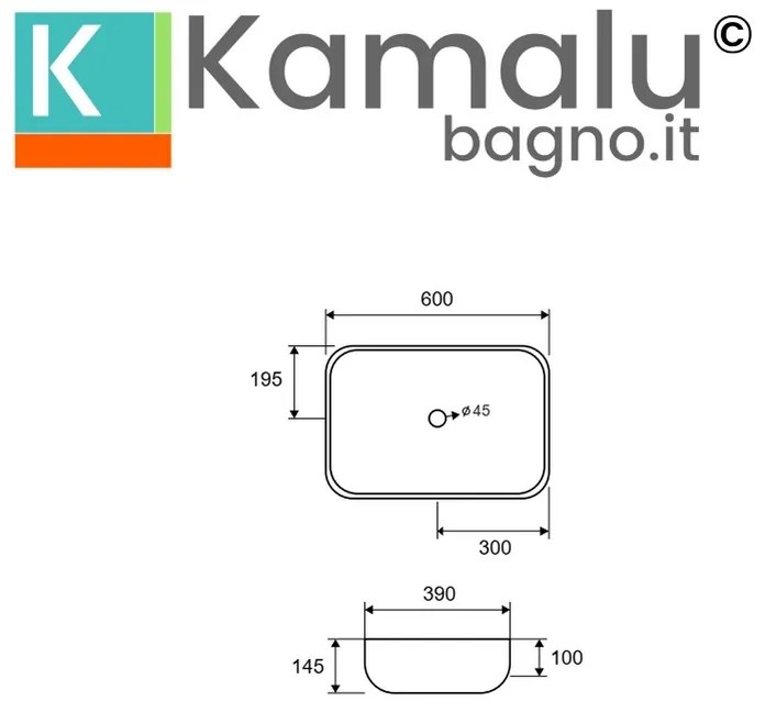 Kamalu - lavabo da appoggio rettangolare colore bianco opaco 60cm | mil-lb