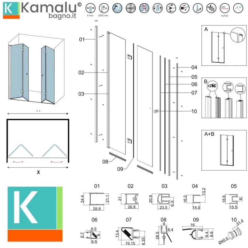 Kamalu - Porta doccia a doppio soffietto 110-113 cm colore nero | KAM-KS700DN