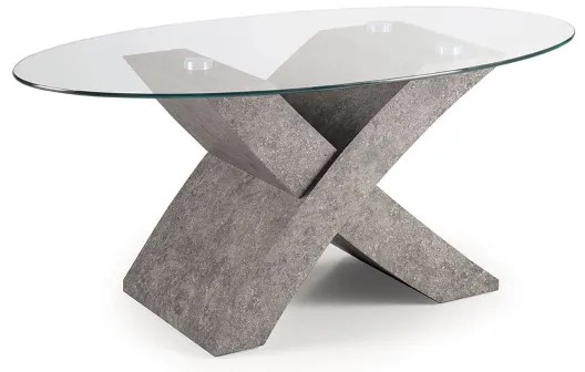 Tavolino piano in vetro ovale TITO con base color CEMENTO