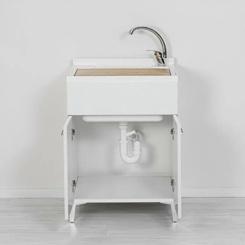 Mobile lavatoio bianco 60x50 cm vasca in resina e asse lavapanni Desya