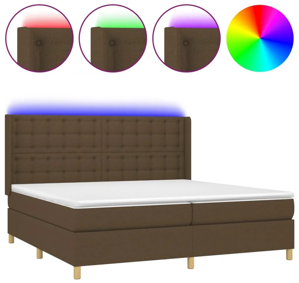 Letto a molle materasso e led marronescuro 200x200cm in tessuto