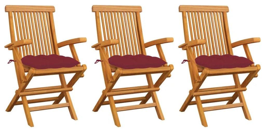 Sedie giardino con cuscini rosso vino 3 pz legno massello teak