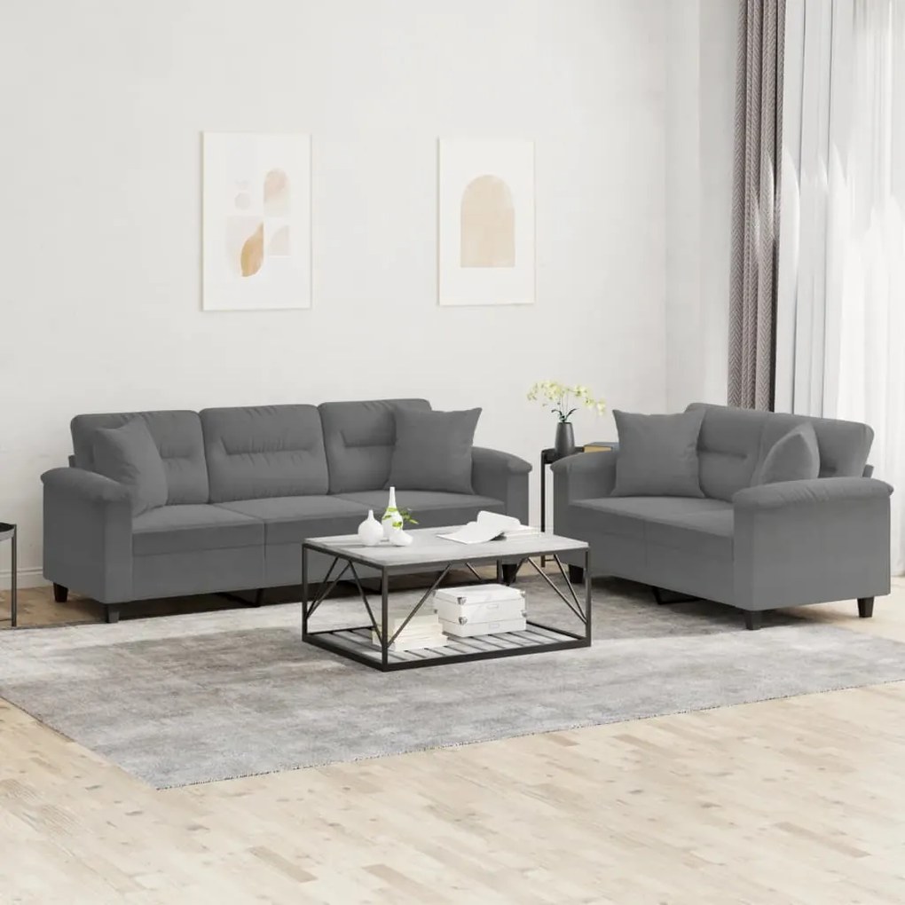 Set Divani 2 Pz Con Cuscini Grigio Scuro İn Tessuto Microfibra /