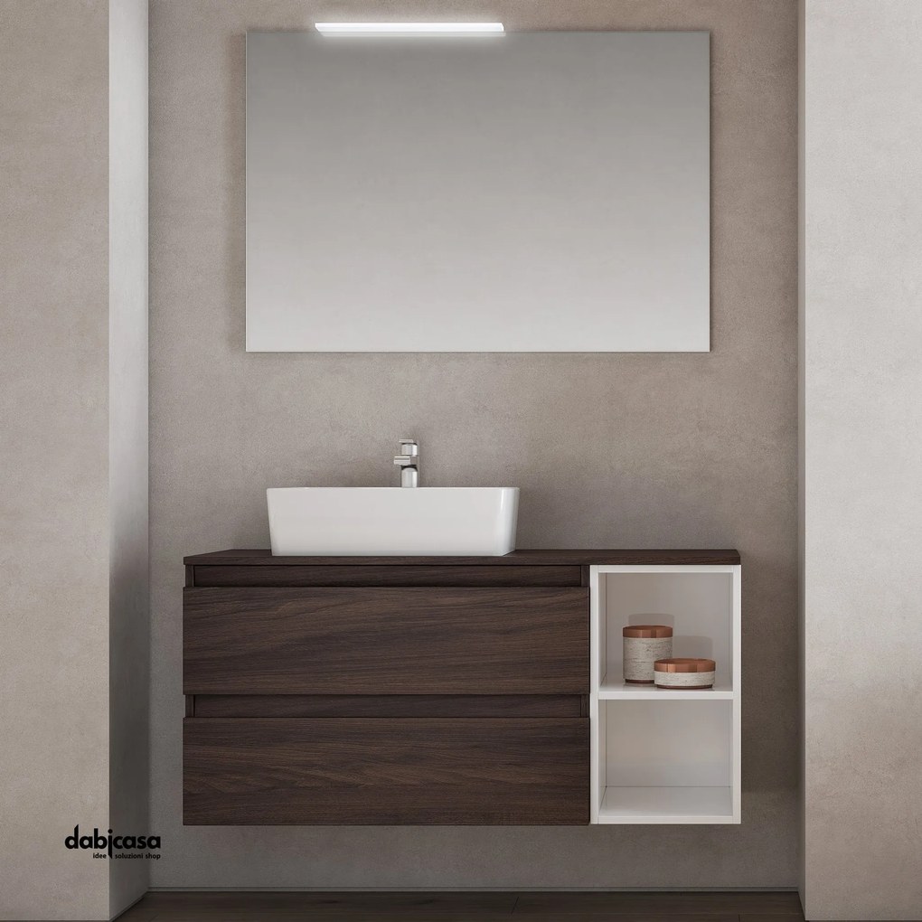 Mobile Bagno Sospeso 111 Cm Due Cassetti Con Vano a Giorno Specchio Con Illuminazione Led Savini "Cube 3"