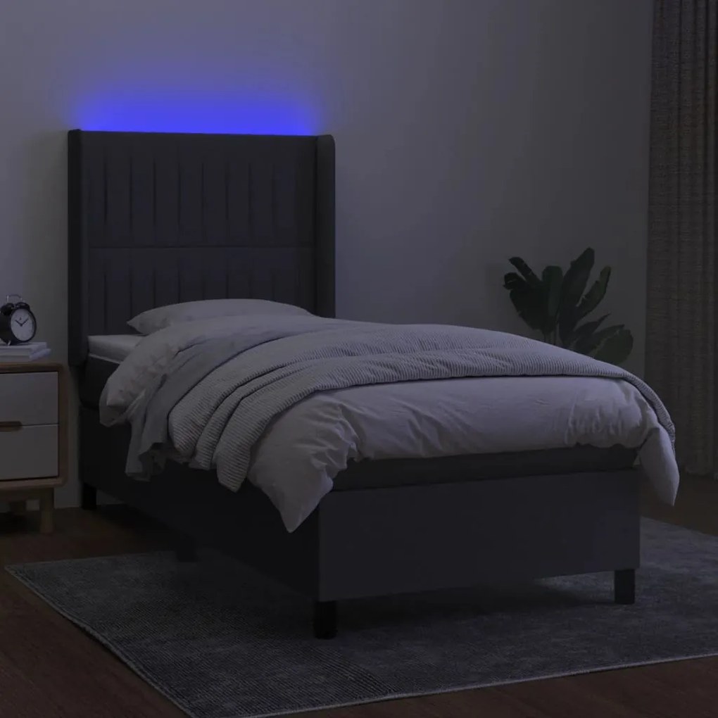Letto a molle materasso e led grigio scuro 90x190 cm in tessuto