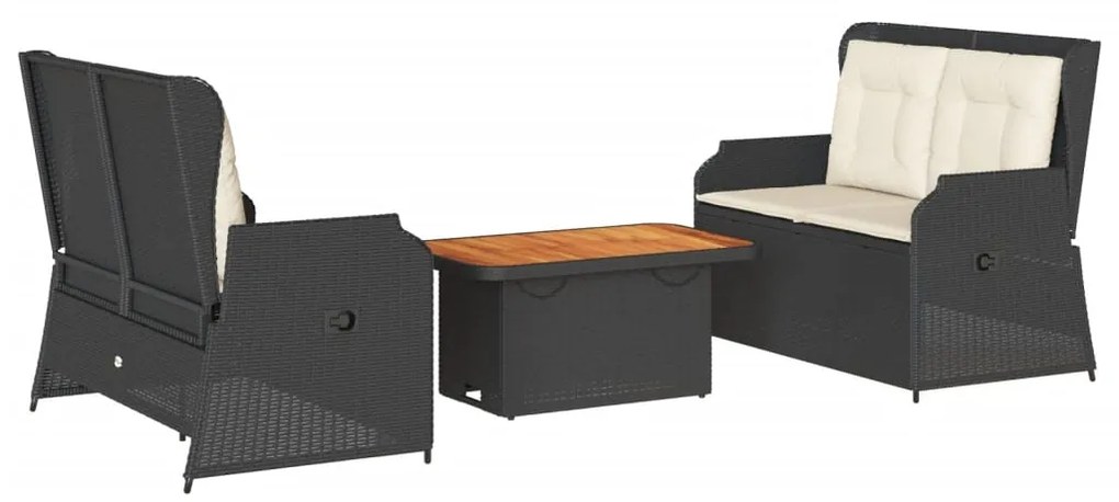 Set divani da giardino 3 pz con cuscini nero in polyrattan