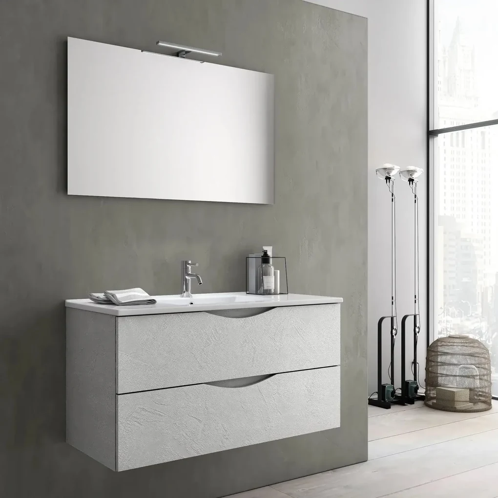 Mobile Bagno sospeso 80 cm bianco venato con lavabo in ceramica specchio e  luce