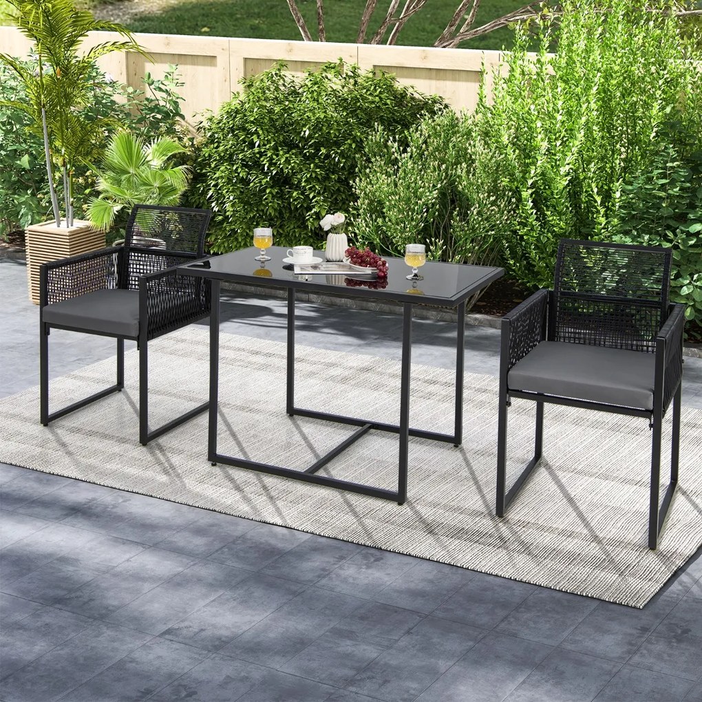 Costway Set di tavolo 2 sedie da esterno in rattan PE con schienali pieghevoli, Set di mobili da giardino Nero