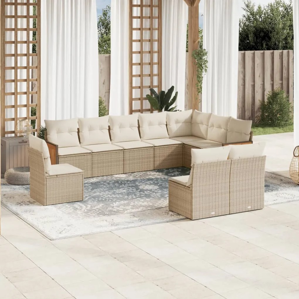 Set Divano da Giardino 10 pz con Cuscini Beige in Polyrattan