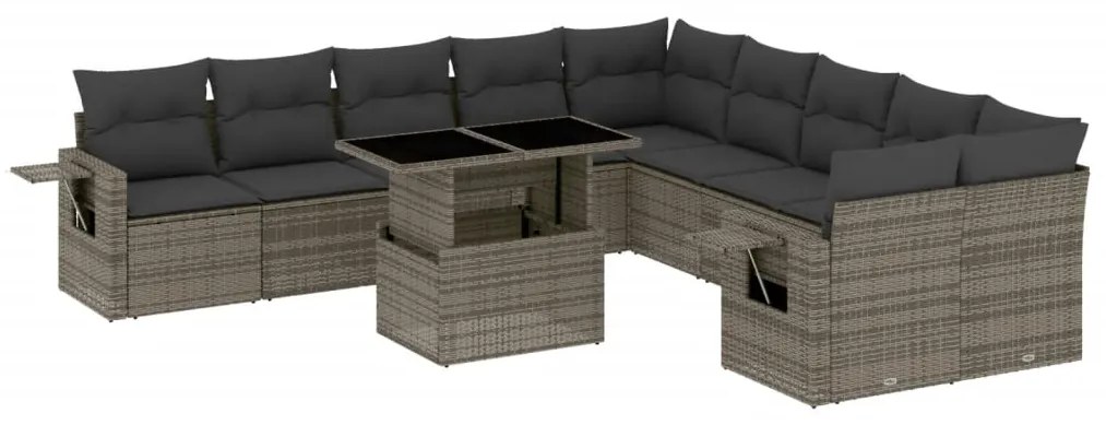 Set divani da giardino 11 pz con cuscini in polyrattan grigio