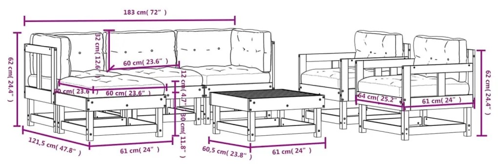 Set Divani da Giardino 7pz con Cuscini in Legno Massello Grigio