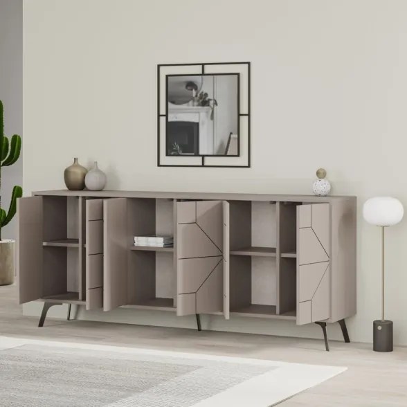 Madia Moderna 6 Ante 183 Cm Design Geometrico Piedi Metallici Dune Tortora