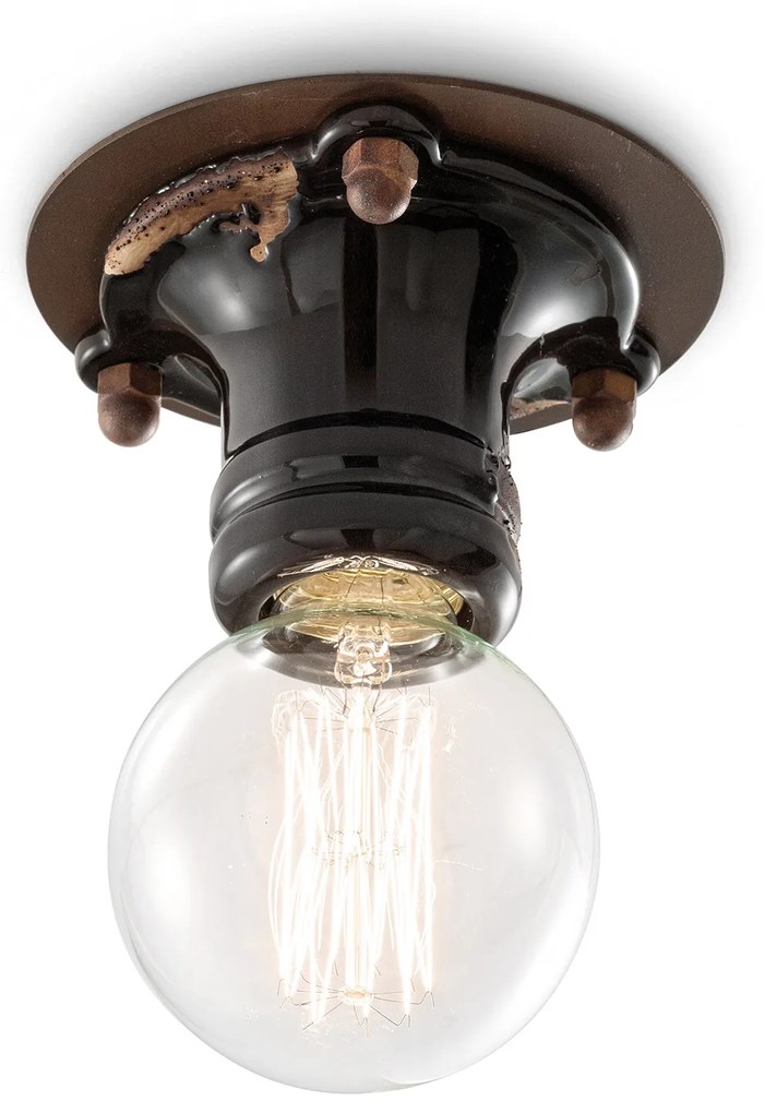 Plafoniera Industrial Minimal Pipes Ferro E Ceramica Vintage Nero 1 Luce E27