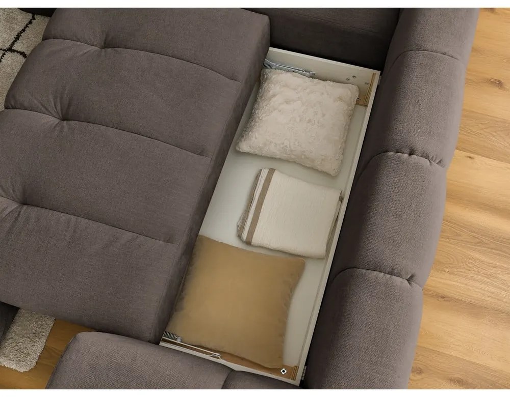 Divano angolare grigio tortora allungabile e con contenitore (penisola a sinistra/a L) con rivestimento in ciniglia Fuji – Bobochic Paris