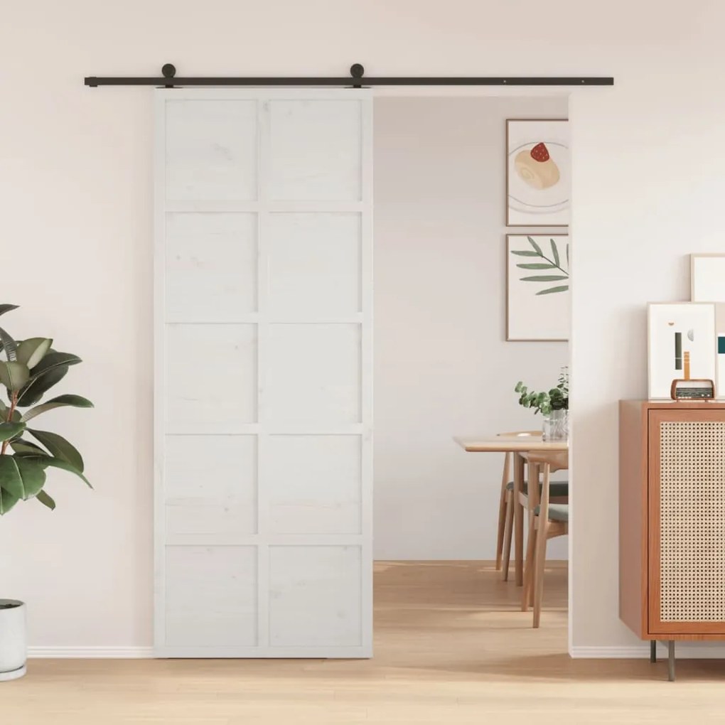Porta Del Granaio Bianca 80x208 Cm İn Legno Massello Di Pino /