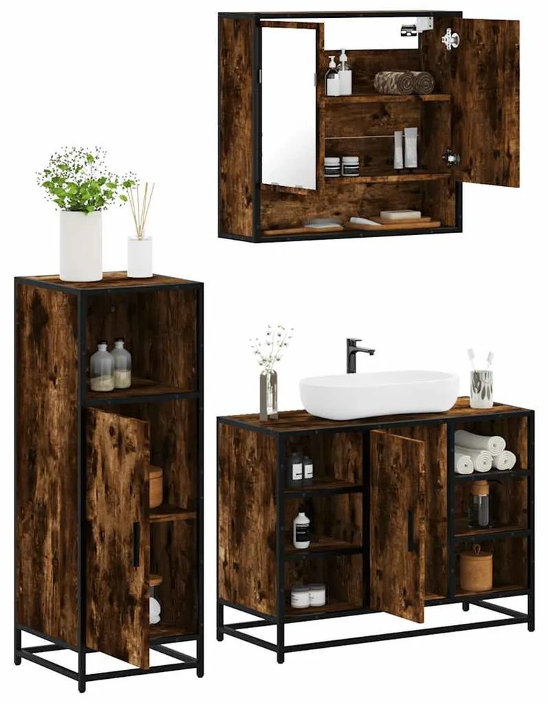 Set Mobili Da Bagno 3 Pz Rovere Fumo İn Legno Multistrato /
