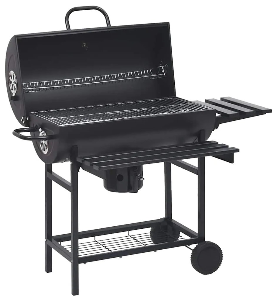 Barbecue A Barile Con Ruote E Ripiani Acciaio Nero 115x85x95 Cm /