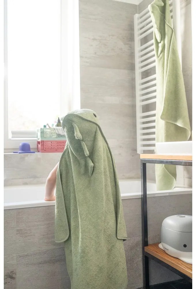 Asciugamano per neonato in cotone verde con cappuccio 75x75 cm Dinosaur - Kindsgut