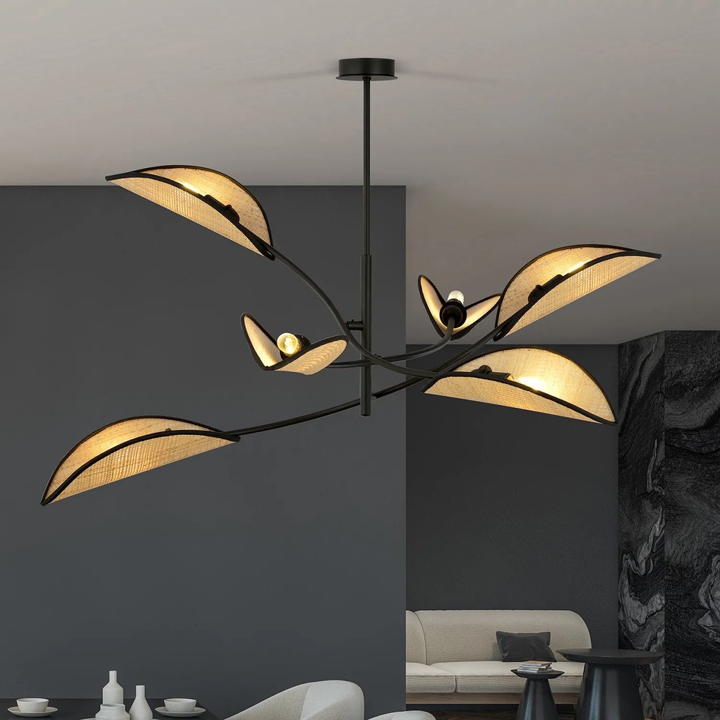 Sospensione Nordica 6 Luci Ares In Acciaio E Rattan Con Bracci Regolabili