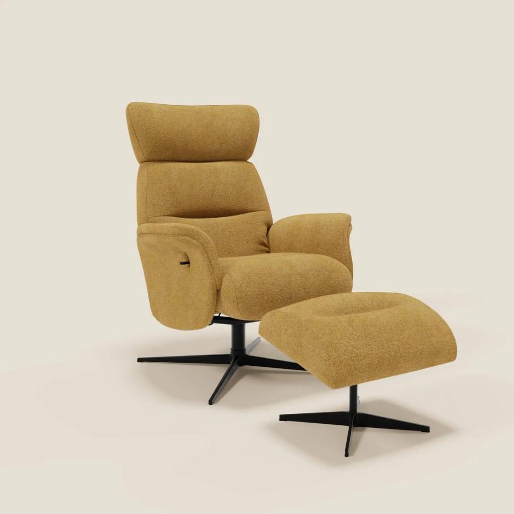 Lunor Poltrona relax reclinabile con pouf poggia-piedi in tessuto bouclé impermeabile T07 giallo